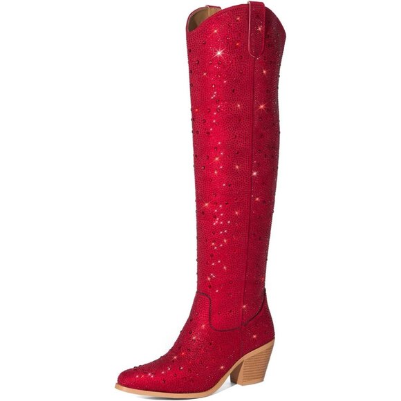 Shoes - Women's Red Rhinestone Cowboy Boots Sparkly Over the Knee Pointed Toe Knee High